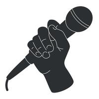 Microphone in hand, black-and-white, singing into microphone, presenter speaking into microphone, stand-up, illustration in flat style vector
