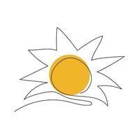 Sun continuous one line icon drawing on white background, hot temperature and summer travel symbol illustration in doodle style, sun outline line vector