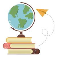 Stationery accessories with books, paper airplane and globe, learning and reading concept, back to school vector