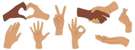 Set of hands in doodle style, human hands isolated, different hands of man and woman showing heart sign vector