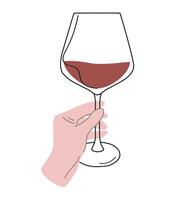 Red wine in a glass, hand holding a glass on a stem, hand raised up with an alcoholic drink in a goblet, flat graphic illustration on a white background vector