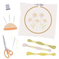 Embroidery hoop, skeins of floss thread, handmade on canvas in a ring, craft art, creative activity, handmade craft concept, embroidery thread kit vector