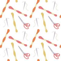 Seamless pattern with threads and needles, hand drawn with threads, needles and scissors, embroidery pattern vector