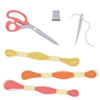 Set of skeins of thread, floss, needles, craft supplies flat illustration isolated on white vector