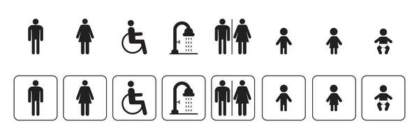 toilet icon set. sanitation sign. WC symbol. Men, Woman, People with disability, Shower, Child, set of bathroom icons. vector