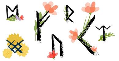 Set of Flowers and Rune Letters vector