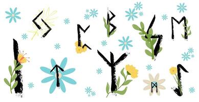 Set of Flowers and Rune Letters with Blossom in the Middle vector