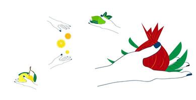 a hand holding a fruit and a hand reaching for a leaf vector