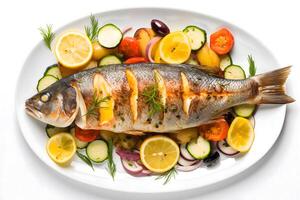 Cooked dorado with vegetables and lemon on a white background. A dish for a restaurant menu. Healthy food. photo