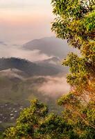The stunning view from a tourist's standpoint as they go down a hill on a foggy trail with a hill and a background of a golden sky in Forest Park, Thailand. Rainforest. Bird's eye view. Aerial view. photo