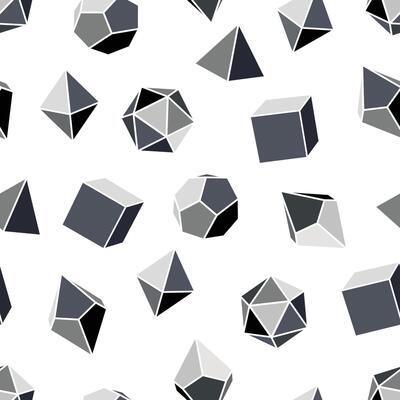 Seamless pattern of grayscale dice for DND role playing games with four, six, eight, twelve and twenty sides. Dice for the game Dungeons and Dragons in grayscale on white background.