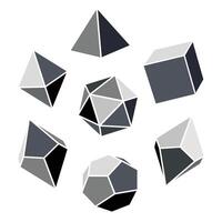 illustration of grayscale dice for DND role playing games with four, six, eight, twelve and twenty sides. Dice for the game Dungeons and Dragons in grayscale on white background. vector
