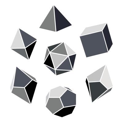 illustration of grayscale dice for DND role playing games with four, six, eight, twelve and twenty sides. Dice for the game Dungeons and Dragons in grayscale on white background.