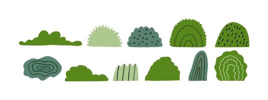 Set of doodle bushes of different shapes. Jungle, forest, nature. Hand drawn illustration in flat style. vector