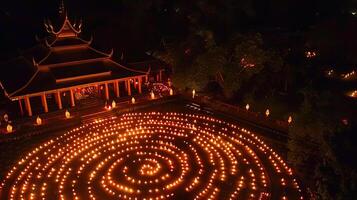 Aerial view of a temple complex lit up with rows of candles forming intricate patterns on the ground, with devotees gathering to celebrate Visakha Bucha Day photo