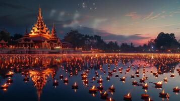 A panoramic view of a Buddhist temple lit by thousands of candles during Visakha Bucha Day at dusk, reflections on a nearby water body, devotees in deep meditation photo