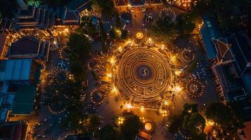 A top view of a large Buddhist temple ground during Visakha Bucha Day, crowds of devotees moving in a candlelit procession, intricate patterns of lights on the floor, surrounding lush greenery. photo