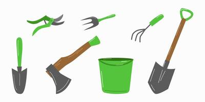 Garden tools and accessories set white background. vector