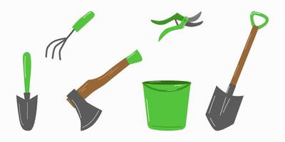 Garden tools and accessories set white background. vector
