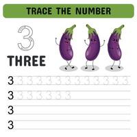 Trace the number 3. Learning the number with sweet vegetables. Printable sheet. Kindergarten flashcards with numbers, learning and spelling numbers . illustration vector