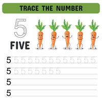 Trace the number 5. Learning the number with sweet vegetables. Printable sheet. Kindergarten flashcards with numbers, learning and spelling numbers . illustration vector