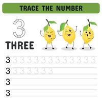 WebKindergarten cards with the number 3 with cute lemons. We learn and write numbers. Kids counting sheet. . illustration vector