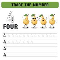 Card for studying the number 4 with fruits. illustration. Printable sheet vector
