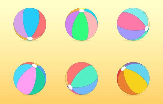 un conjunto de playa pelotas en diferente colores en un amarillo degradado antecedentes. Hora de verano. color dibujo vector