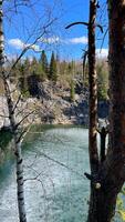 Lake in deep marble canyon in Ruskeala Mountain Park. vertical photography of Republic of Karelia of Russia photo