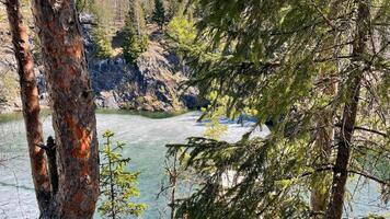 view of mountain lake through the trees and pines. horizontal photography of Lake in deep marble canyon on sunny day. photo
