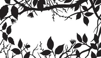 rectangular frame made of tree branches and leaves. black and white outline vector