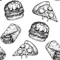 seamless pattern of fast food dishes, pizza, hamburger, roll, drawing in sketch style. black and white graphics, engraving vector