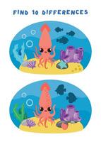 Mini-games for children. preschoolers. Find 10 differences. Picture with squid. Logic tasks for preschoolers. Games 3-4 years old. vector