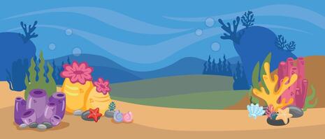 Banner with empty copy insert. Underwater bottom with coral, seaweed, Illustration of the seabed Undersea with corals and seaweed, sea bottom, seabed, illustration with copy space vector