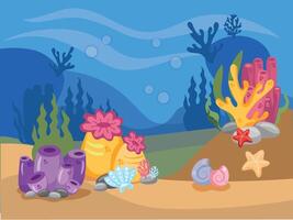 Banner with empty copy insert. Underwater bottom with coral, seaweed, Illustration of the seabed Undersea with corals and seaweed, sea bottom, seabed, illustration with copy space vector