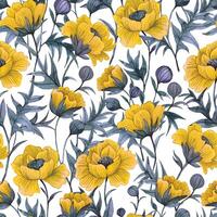 pattern with yellow poppies on a white background. watercolor seamless print with wildflowers vector