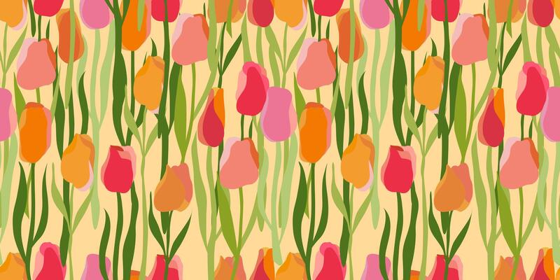 Bright spring holiday background for printing on fabric, wrapping paper, covers and cards.Seamless pattern of colorful beautiful tulips.Blooming garden.Flat illustration.