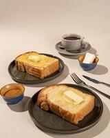 Roti Bakar is a typical grilled Indonesian sandwich, consisting of two slices of bread and filling, suitable to be served with Americano coffee. photo