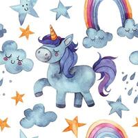 watercolor drawing, pattern for children with unicorn, rainbow, clouds. seamless print vector