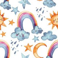 cute pattern for kids with sun, rainbow, clouds and rain. watercolor seamless print weather, characters vector