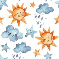 cute pattern for kids with sun, rainbow, clouds and rain. watercolor seamless print weather, characters vector