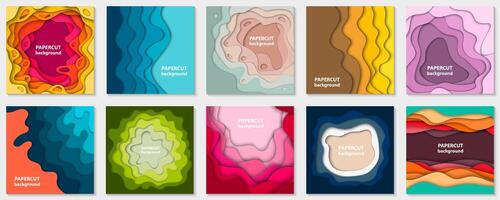 Collection of 10 backgrounds with colorful paper cut shapes. 3D abstract paper art style, design layout for business presentations, flyers, posters, prints, decoration, cards, brochure vector