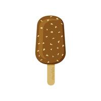 Chocolate ice cream in a flat with nut crumbs on a stick on a white background. vector