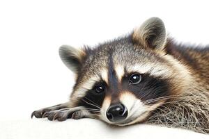 Lying down sad raccoon isolated on white background. Portrait animal photo