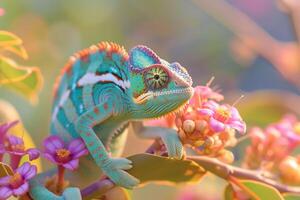 Blue Chameleon on tropical flower. Reptile animal close-up in nature photo