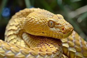 Yellow tree python snake portrait, reptiles closeup photo