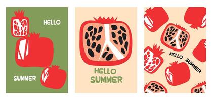 Stylish summer poster pomegranate set in flat style. Bright fruit compositions. Set of flyers, posters, banners, placards, brochure design. Hello Summer, backgrounds with slices of fruits. vector