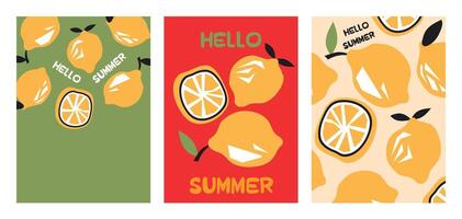 Stylish summer poster lemon set in flat style. Bright fruit compositions. Set of flyers, posters, banners, placards, brochure design. Hello Summer, backgrounds with slices of fruits. vector