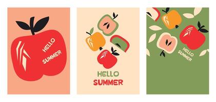 Summer poster apple set in flat style. Fruits bright compositions. Set of flyers, posters, banners, placards, brochure design. Hello Summer backgrounds with slices of fruits. vector