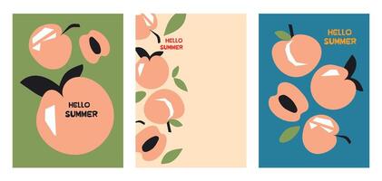 Stylish summer poster peach set in flat style. Bright fruit compositions. Set of flyers, posters, banners, placards, brochure design. Hello Summer, backgrounds with slices of fruits. vector